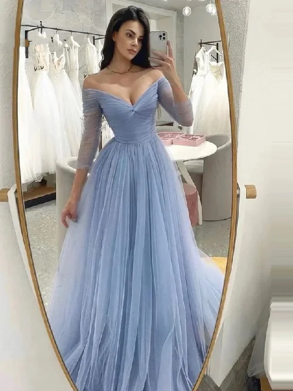 Light Blue Off Shoulder Prom Dresses V-Neck Simple Tulle A-Line Evening Gowns Long Sleeves Bridesmaid Dress for Wedding